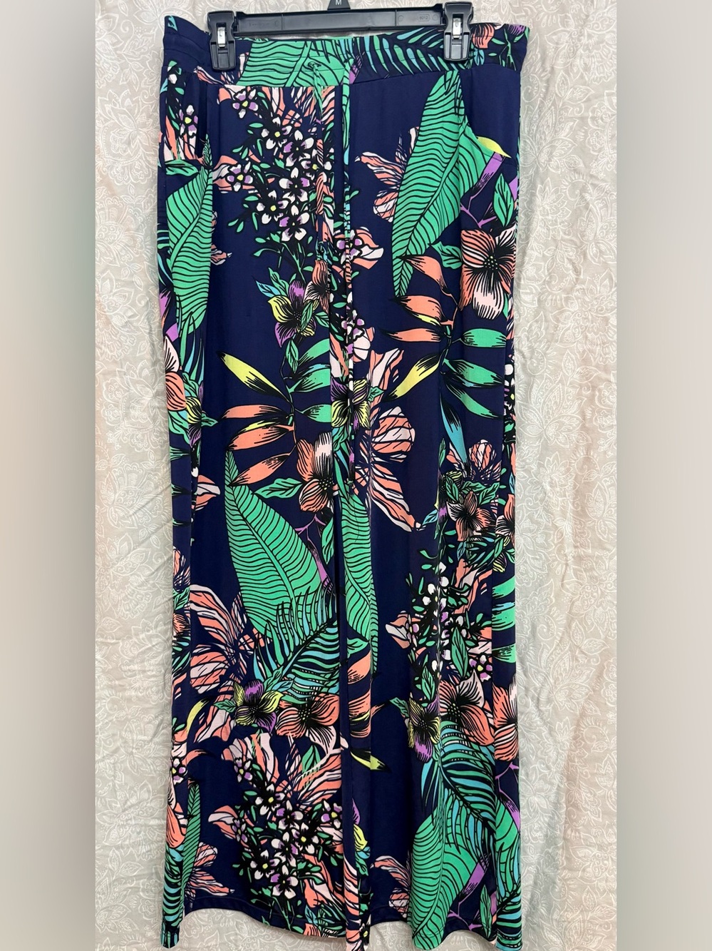 Sandiva Tropical Print Wide-Leg Pants - Navy with Green & Coral Floral